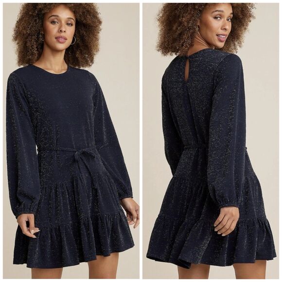 Maurices Dresses & Skirts - NWT Maurices M Metallic Tiered Long Sleeve‎ Skater Dress Navy Blue Sparkle Party